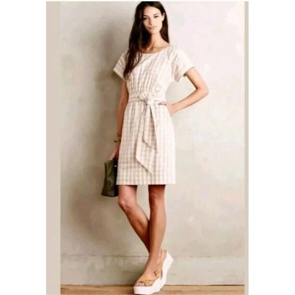Anthropologie HD in Paris Gingham Print Short Sleeve Belted Dress in Tan Size 4 - Picture 1 of 7